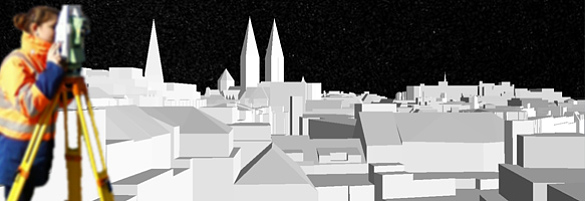 3D-Stadtmodell mit Person am Messgerät