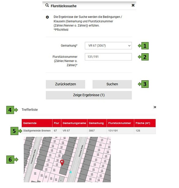 Eingabemaske für die Flurstückssuche