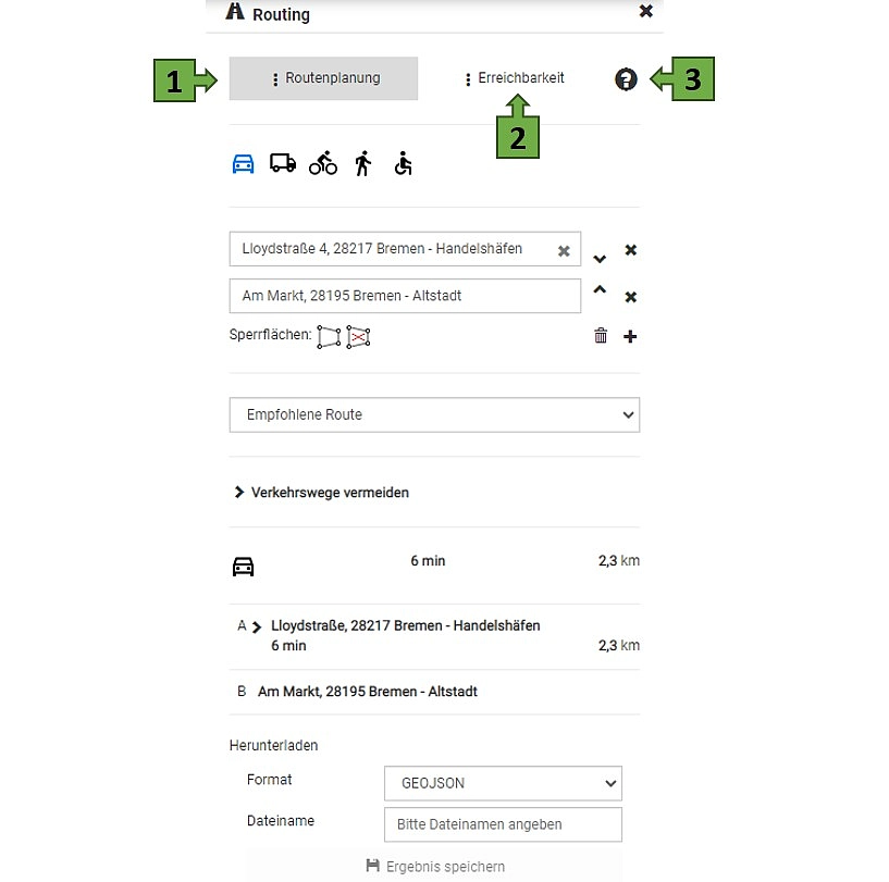 Eingabemaske für das Routing