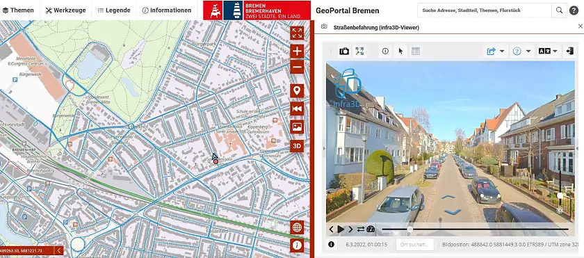 Bildschirmausschnitt mit Anzeige der Karte und der Straßenansicht