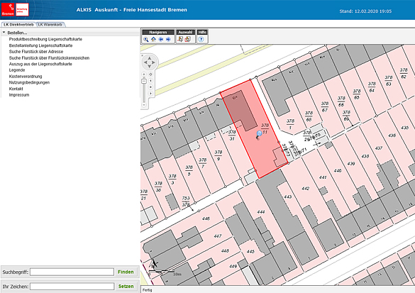 Bildschirmdruck von dem Liegenschaftskataster online